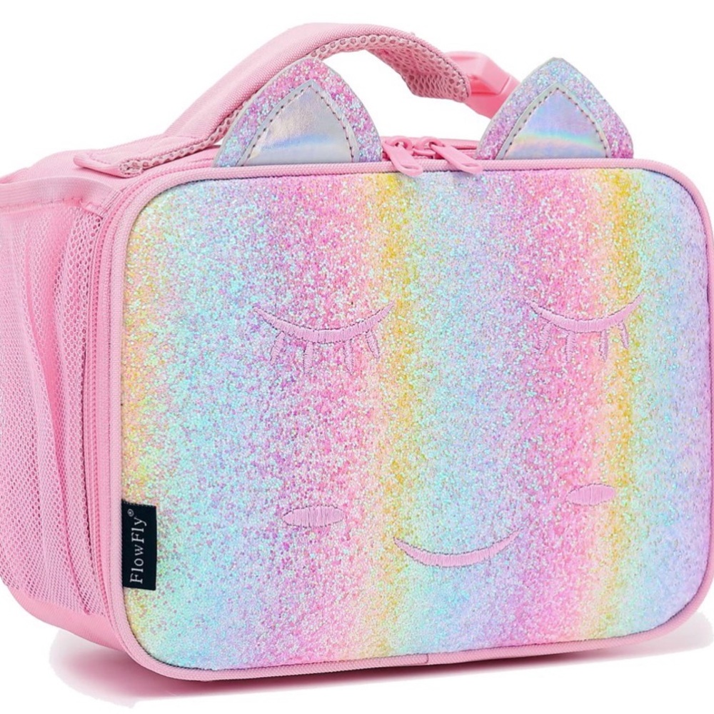 Kids Pink Rainbow Glitter Lunch Box with Cat Ears